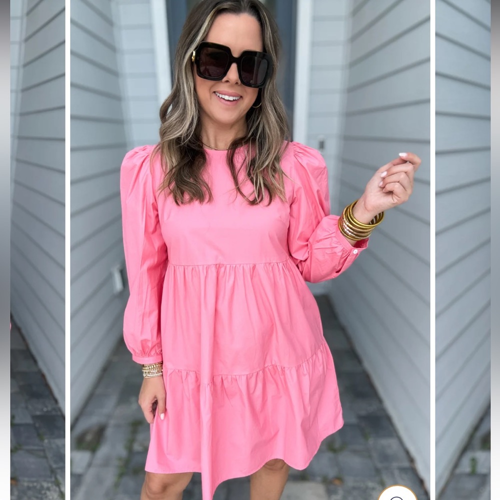 KARLIE: SOLID POPLIN LONG SLEEVE TIER DRESS - PINK size M